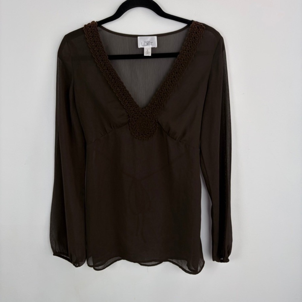 Y2K Babydoll Blouse Loft Sheer Long Sleeve Brown V-neck Fairycore Top Size 6 - Picture 2 of 8